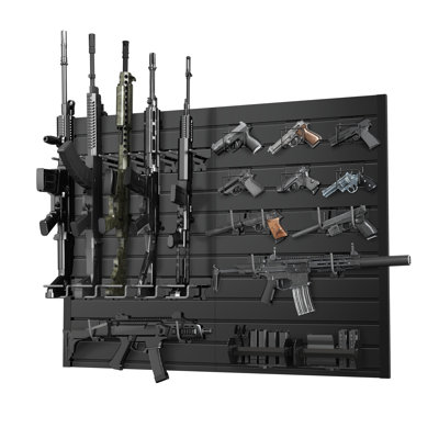 Support mural pour armes à feu avec support pour fusil - Mur tactique modulaire pour 8 pistolets, 7 fusils et 2 boîtes à cartouches, 6 panneaux en PVC et 26 supports muraux en acier