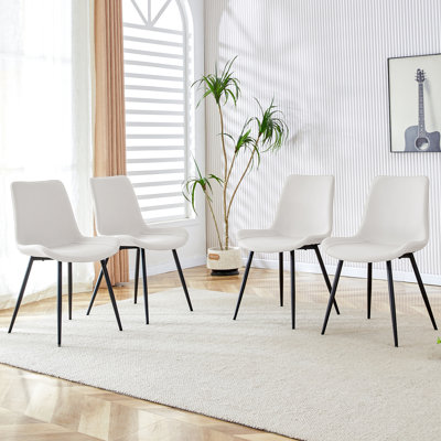 Chaise de salle à manger à dossier blanc en cuir artificiel, pieds en métal noir, conception de coussin incurvé élargi pour plus de confort, convient aux restaurants, cuisines, chambres à coucher, bureaux. (4 chaises)
