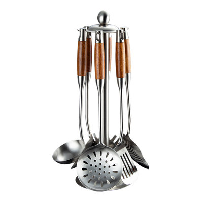 Ensemble d'ustensiles de cuisine en acier inoxydable avec spatule en bois, louche et cuillère rainurée pour la cuisine