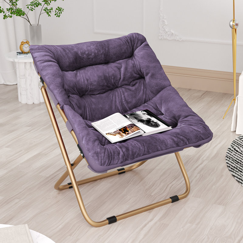 Upholstered Folding Square Saucer, Tufted Cozy Accent Chair with Golden Metal Frame for Living Room, Purple Synthetic Fur, No