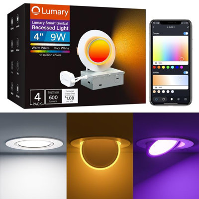 Lumary 4" Adjustable Smart Gimbal LED Recessed Light, RGB & CCT Lighting + 2200K Night Light,  9W 600LM, Wi-Fi & Bluetooth, Works with Alexa & Google