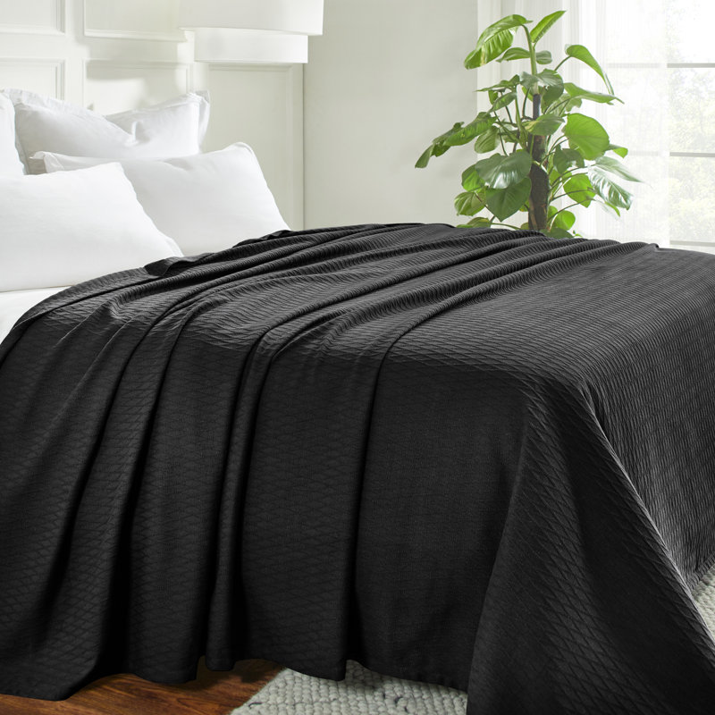 Jeté toutes saisons 100% coton Diamond Weave, Lit simple, Noir