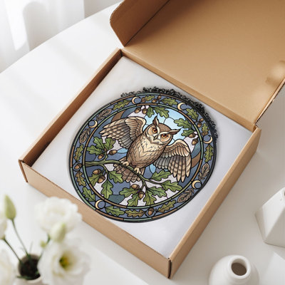 Owl Stained Stained Glass Window Panel，7.8H