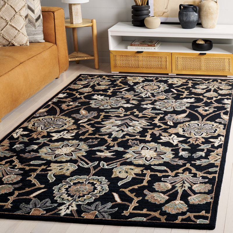 Bijal Hand Tufted Wool Cotton Floral Rug in Beige/Black, Rectangle 5' x 8'