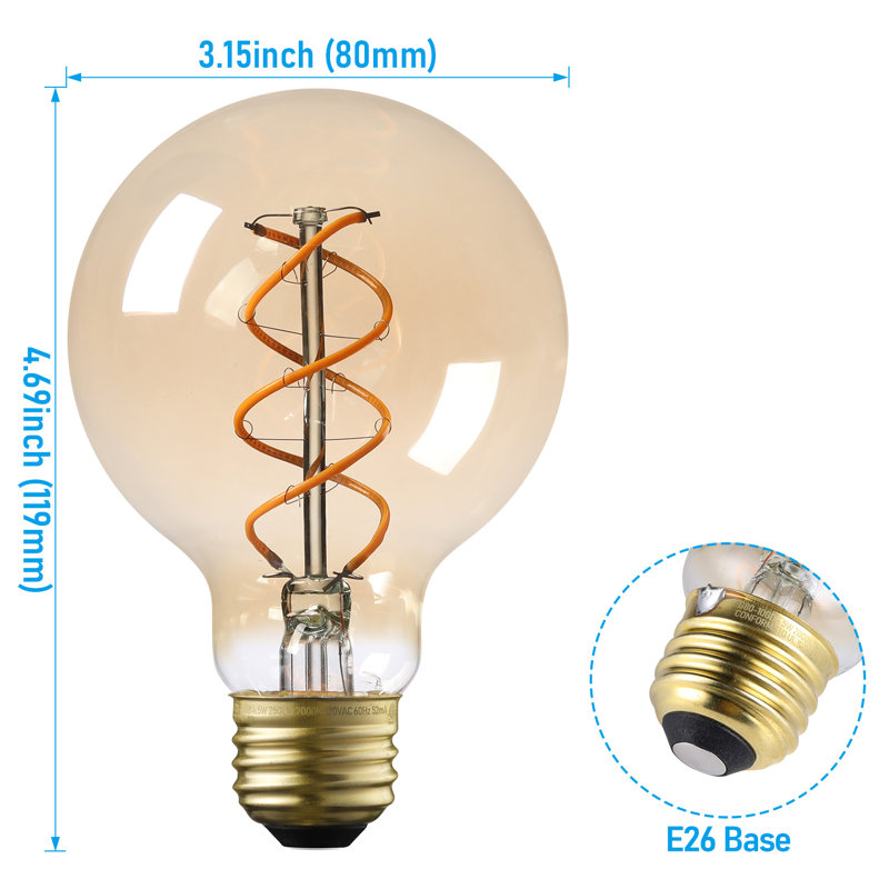 Ampoule DEL globe G25 4,5 W, ampoule Edison vintage à intensité variable, filament spiralé, verre ambré 2000 K, culot E26