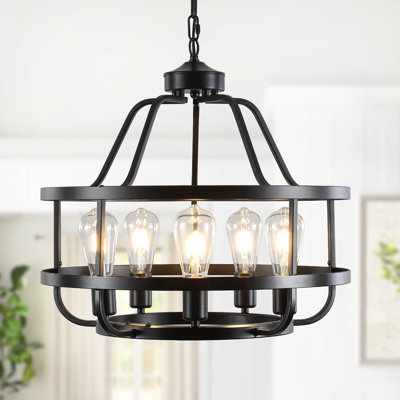5-ligh 19.69" Dimmable Industrial Farmhouse Chandelier, Matte Black Cage Pendant Light Vintage Ceiling Light Fixture for Dining Room