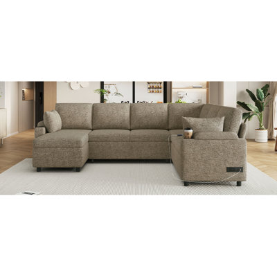 Canapé modulaire 109,9 po Canapé-lit polyvalent Canapé-lit en forme de U avec un grand espace de rangement, deux porte-gobelets et des ports de chargement pour le salon