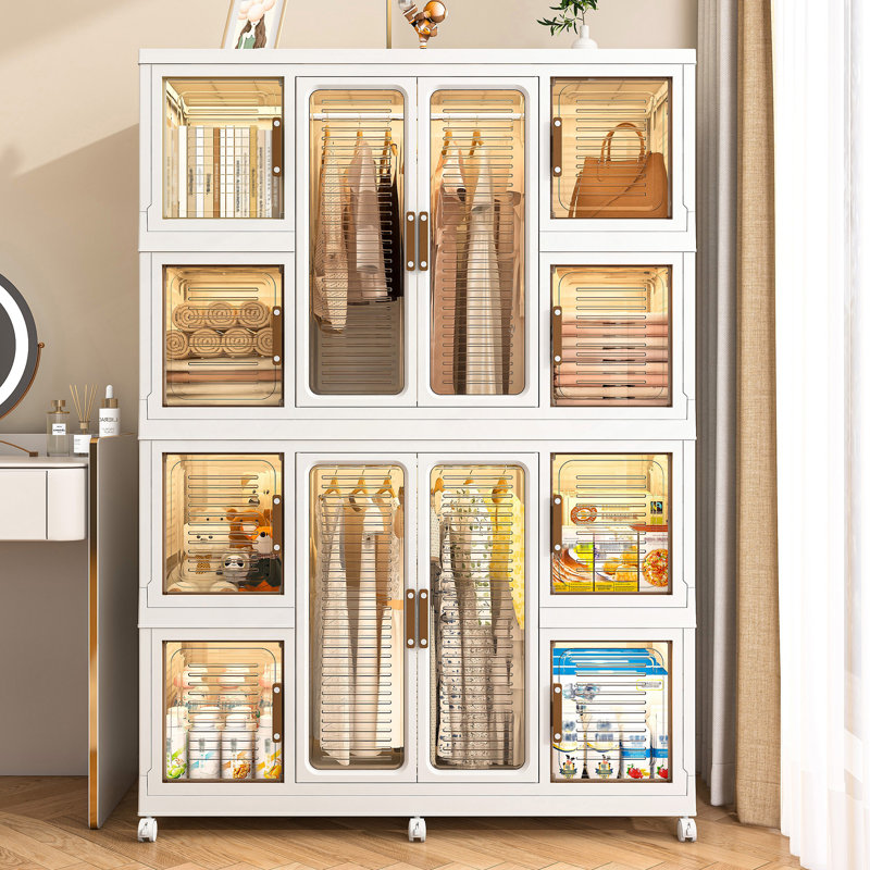 Organisateur de garde-robe portatif avec 12 portes magnétiques, 12 cubes, 2 tringles de suspension et 16 cintres pour un rangement efficace des vêtements