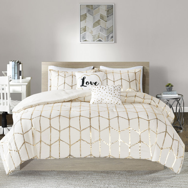 Lit double / grand et literie métallique dorée - style contemporain, microfibre ultra douce, 2 taies décoratives, coussins décoratifs, base d'édredon imprimée sans javellisant, conception élégante, lavage à la machine à l'eau froide