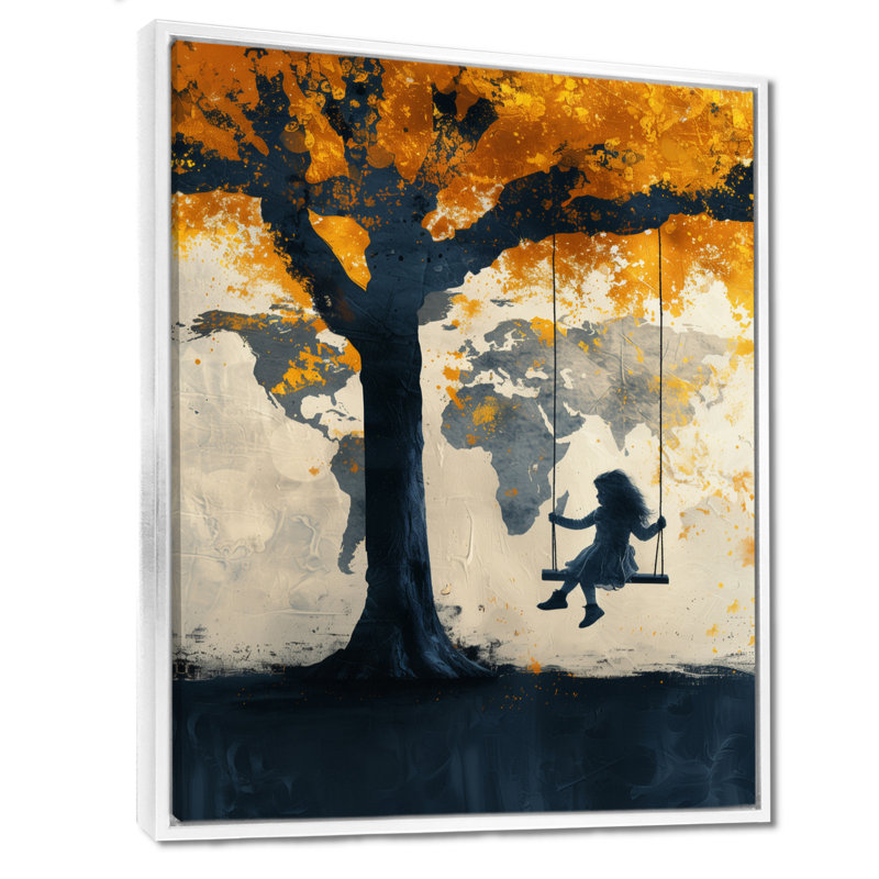 Jaune, jaune, carte du monde, aire de jeux Silhouette I - carte du monde, art mural, Cadre flottant blanc, H 24 po x l 32 po