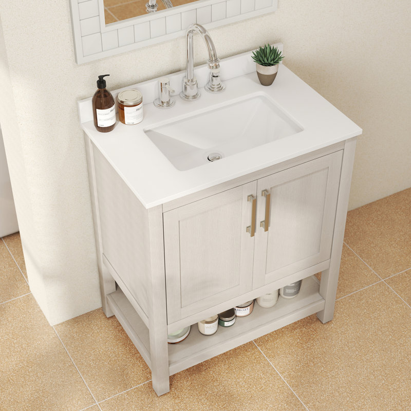 Meuble-lavabo de comptoir en pierre 30 po avec lavabo simple en céramique, tablette ouverte et dosseret Bombay