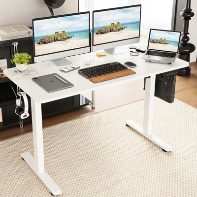 Standing Desk Adjustable Height For Home Office Ergonomic Use, 40x24 Inch, White Color, Rectangular Computer Table, T-shape Base, Metal & Wood Material, Manual Adjustment, Solution, Multi Control