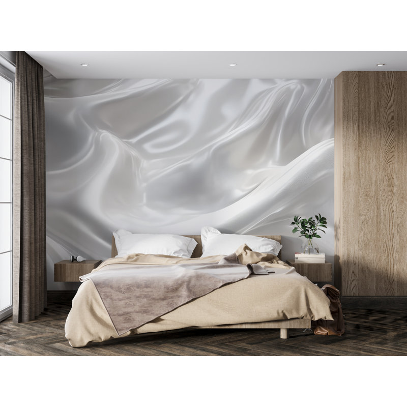 Papier peint à texture de soie blanche satinée - Murale luxueuse en tissu avec des reflets de lumière douce pour une chambre à coucher moderne, un vestiaire glamour ou un décor minimaliste