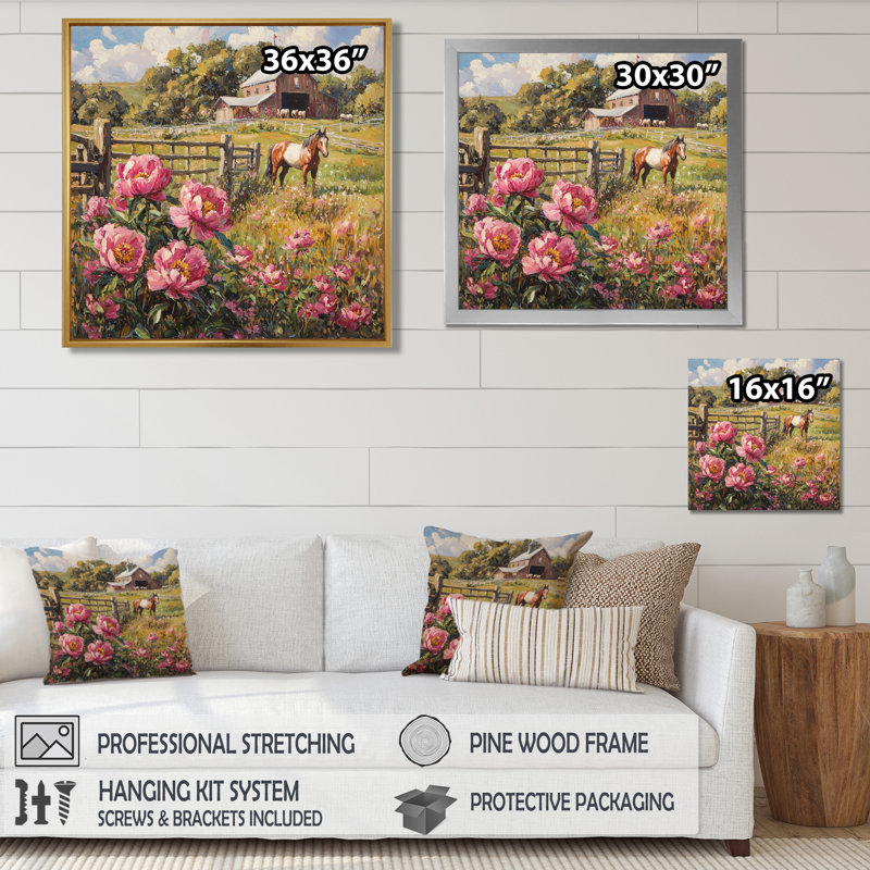 Croce pivoines par l'écurie cheval III - pivoines, art mural, H 16 po x l 16 po, Impression encadrée flottante, Crème, crème