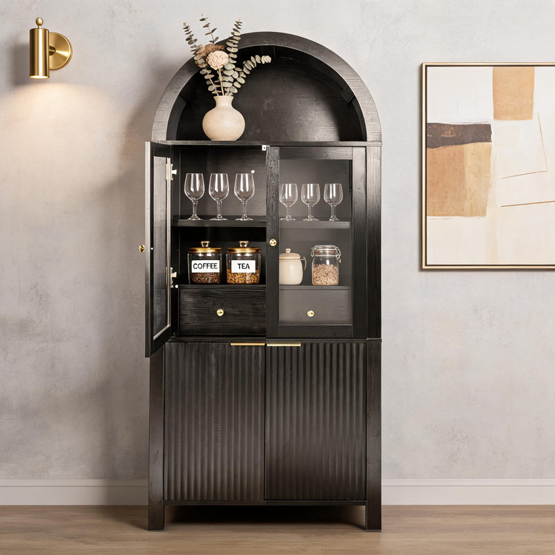 Élégante armoire de rangement noire avec tablettes réglables, tiroirs cachés et portes en verre convenant à la cuisine, au salon et à la salle à manger