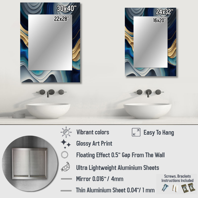 Vibrant Blue And Gold Agate I - Transitional Mirror, Modern Decorative Wall Mirror, Printed Metal Art, 32" x 24"