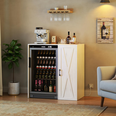 37.4" Mini Fridge Cabinet Coffee Bar with Power Outlet, Fits 24" Wine Fridge