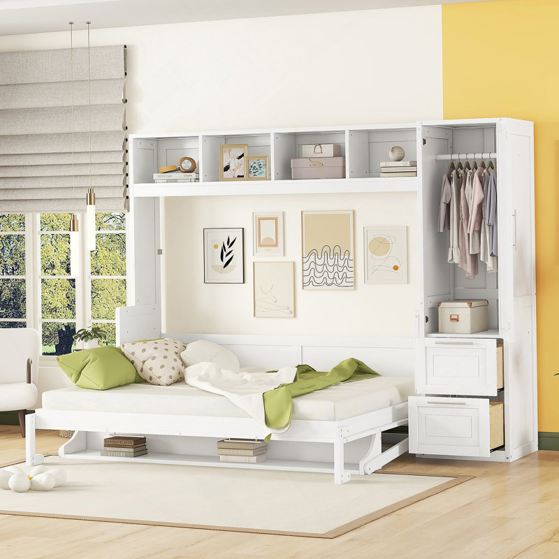 Grand lit escamotable mural avec placard et tiroirs, grand lit, blanc
