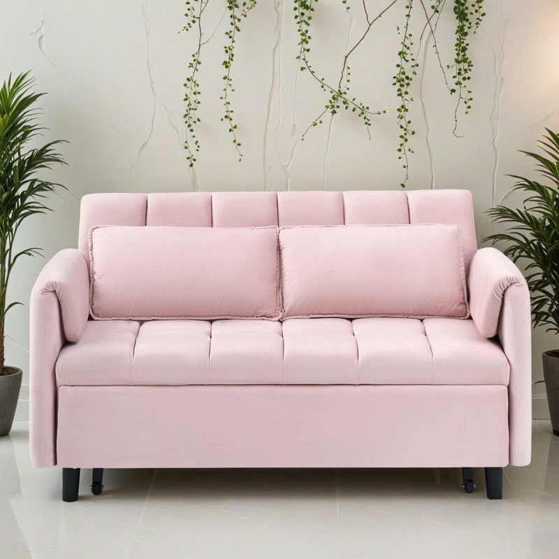 Canapé-lit de 52 po à dossier arrondi avec accoudoirs et coussins, Rose