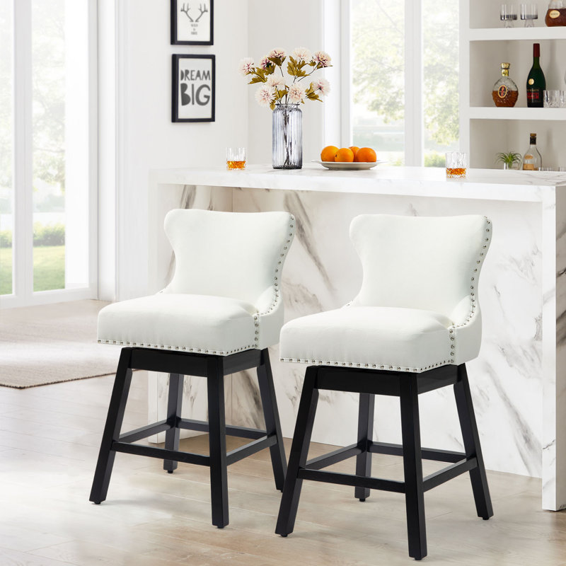 Upholstered 26" Swivel Counter Stools With Solid Wood Legs, White, 2
