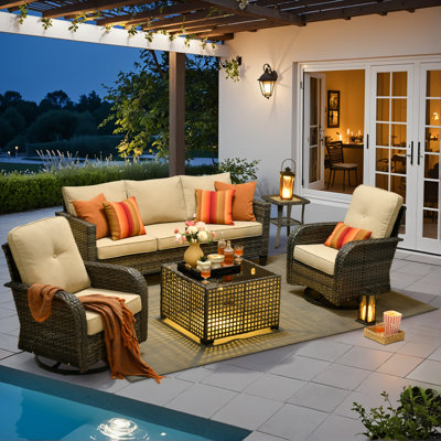 Allcot 5 - Person Wicker Outdoor Conversation Set, Patio Swivel Chair Set with Lighted Coffee Table and Cushions