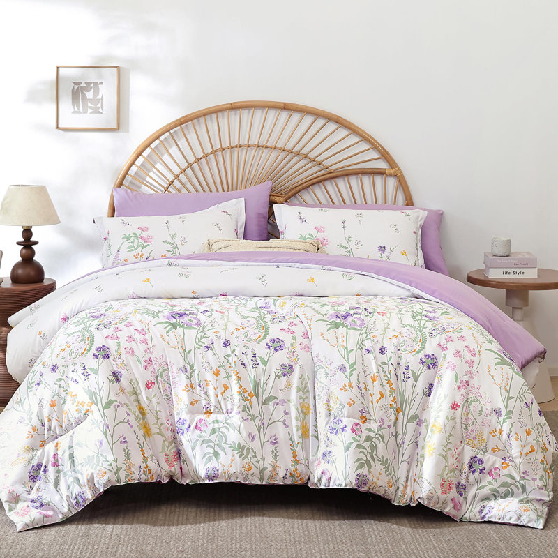 7-Piece Floral Botanical Comforter Set Soft Microfiber Complete Bedding Set for All Season, Purple