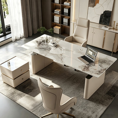 Italian Minimalist Light Coffee Sintered Stone Electric Height Adjustable Desk, Sit-Stand Home Office Computer Worktable with One-Touch Control