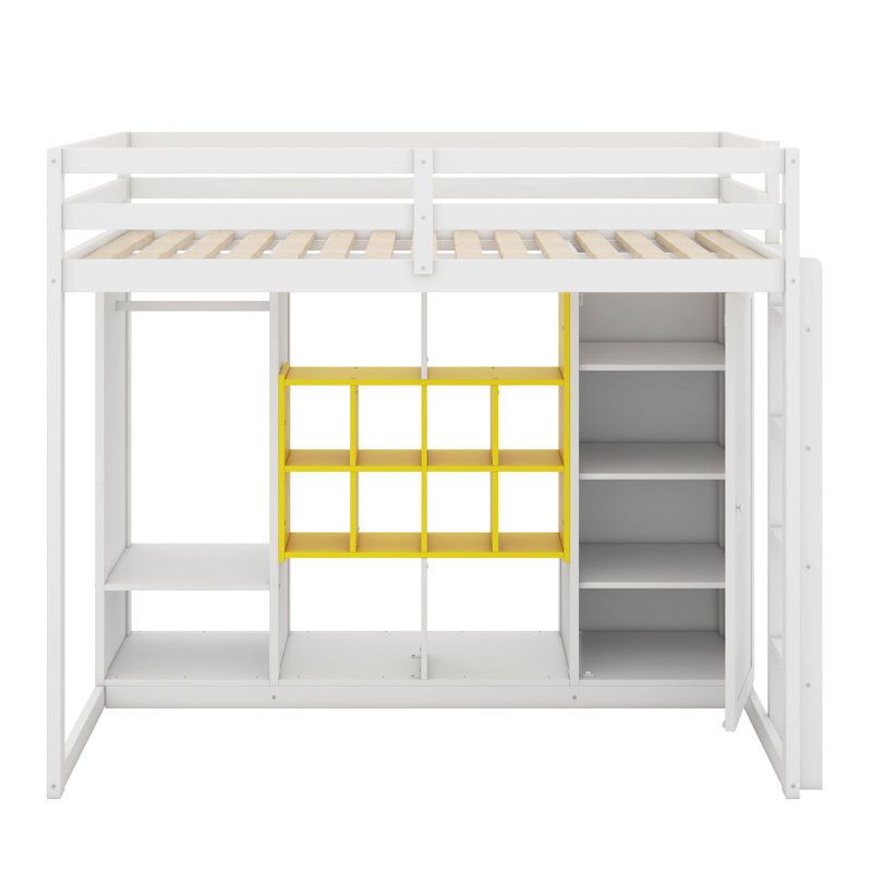 Lit mezzanine en bois avec garde-robe, tablettes et armoire, Lit simple, Blanc / jaune