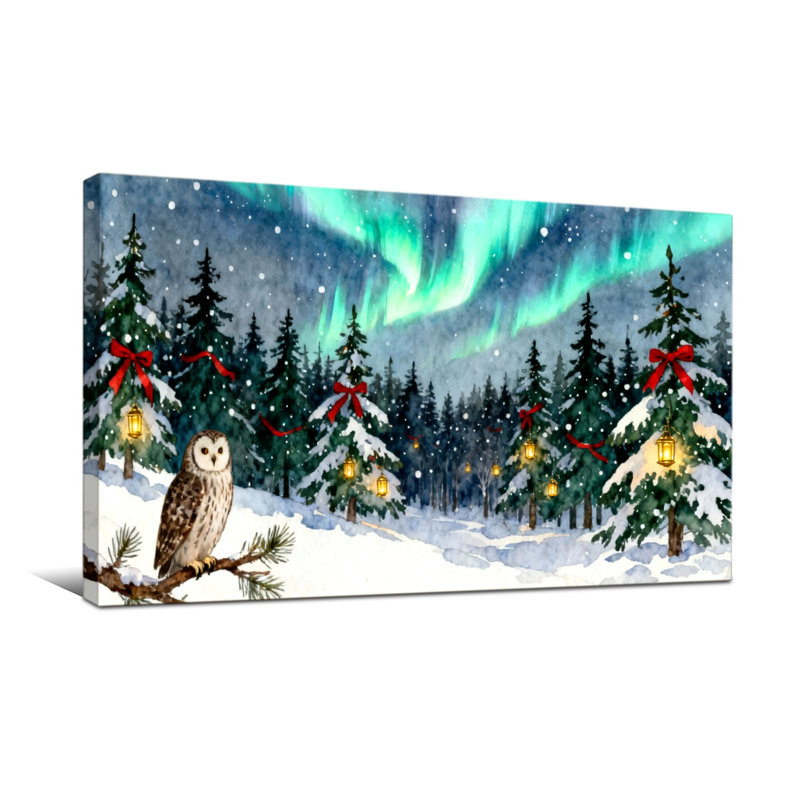 Hibou de Noël, forêt, hibou et lumières enneigées, H 24 po x l 48 po