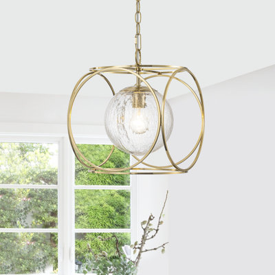 Hand-Blown Crackle Glass Pendant Light - 1-Light Copper Fixture, Adjustable 17''-98'', Modern Kitchen Island Lighting