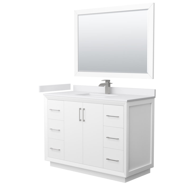 Ensemble de meuble-lavabo simple 48 po avec miroir Strada, Marbre de culture de Carrare, Blanc, Nickel brossé