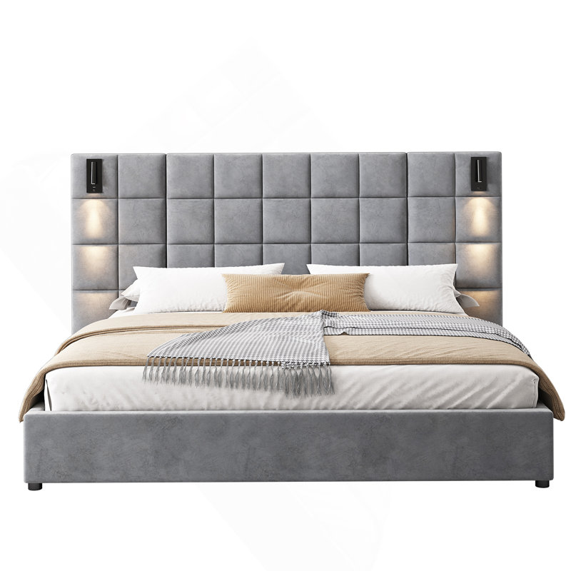 bed,with reading lamp and USB port, wide headboard,without bedside tables and mattress, King