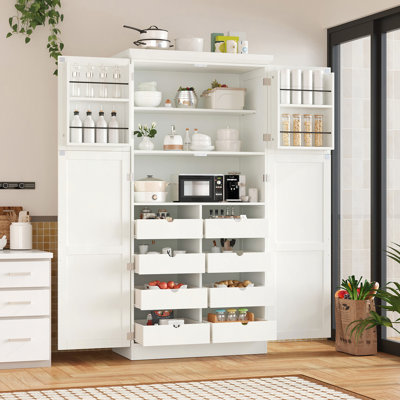 Spacious Freestanding Kitchen Pantry Cabinet With 4 Doors, 8 Pull-Out Trays, And Adjustable Shelf For Organized Storage And Modern Design