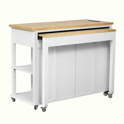 47 inch Kitchen Island with Extendable Dining Table, Rubber Wood Veneer Kitchen Table with Internal Storage Rack, Power Outlet, Kitchen island with St
