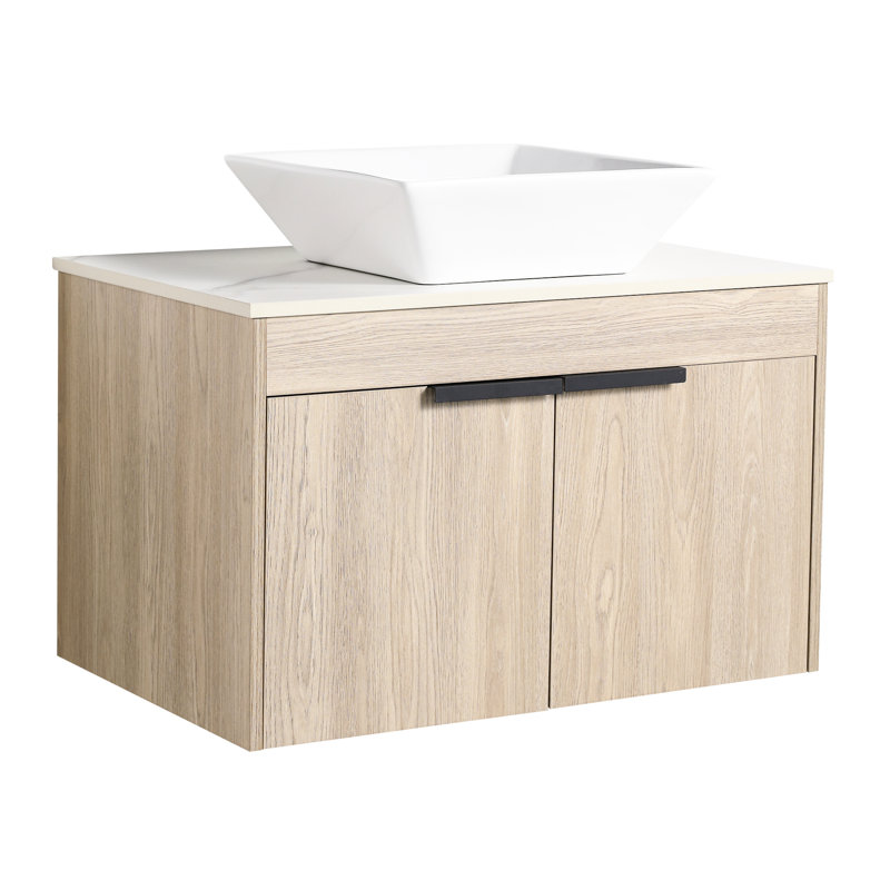 Meuble-lavabo mural moderne - lavabo en céramique, expérience douce et douce avec le lavabo. Fixé, aspect chêne blanc, porte silencieuse, armoire fonctionnelle