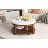 Large round ottoman coffee table | 2-tier button tufted design | wood shelf storage | waterproof linen upholstery | wheeled footrest