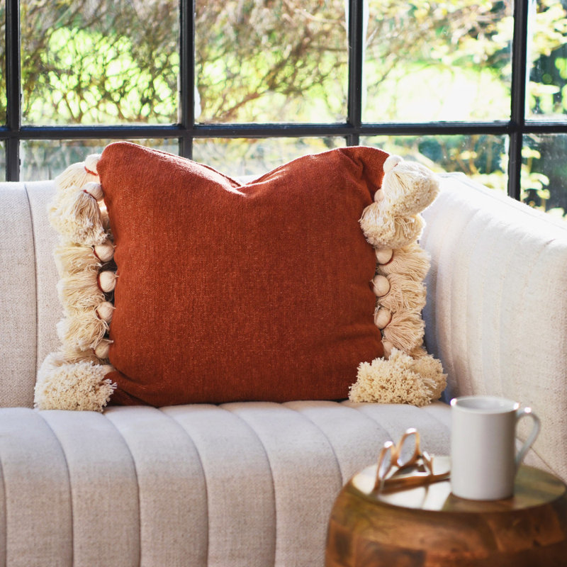 Tassels Cotton Reversible Throw Pillow, Brown, 18" x 18"
