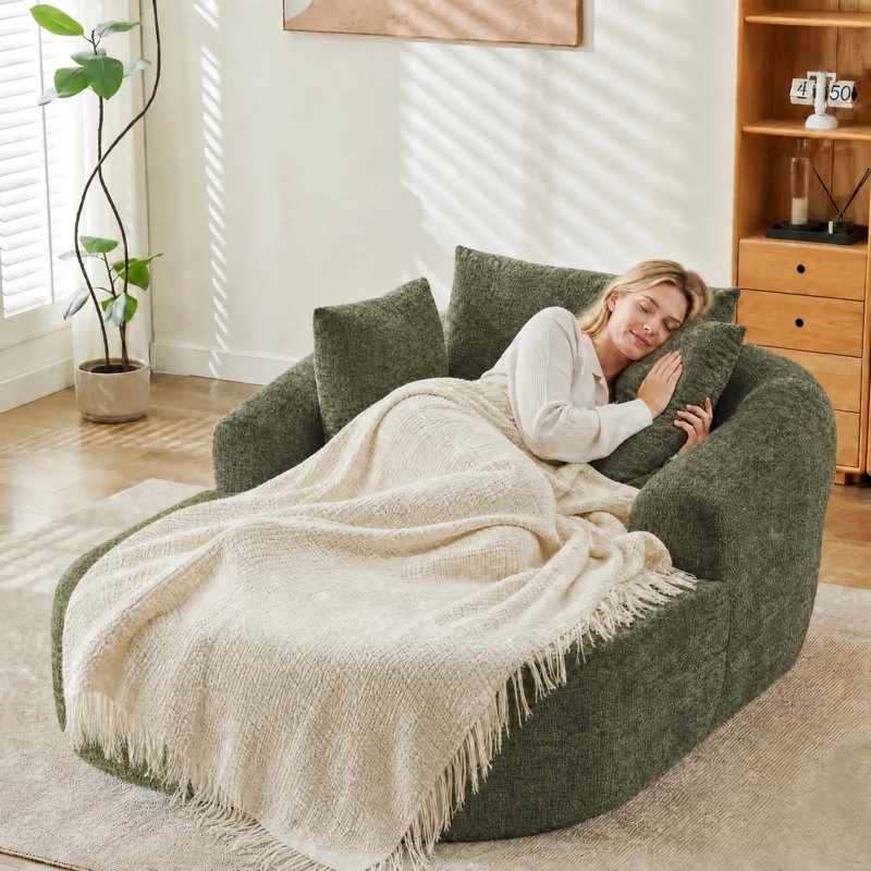 Indoor Chaise Lounge, Oversized Chaise Lounge Chair, Upholstered Lounge Chair for Living Room & Bedroom, Olive Green