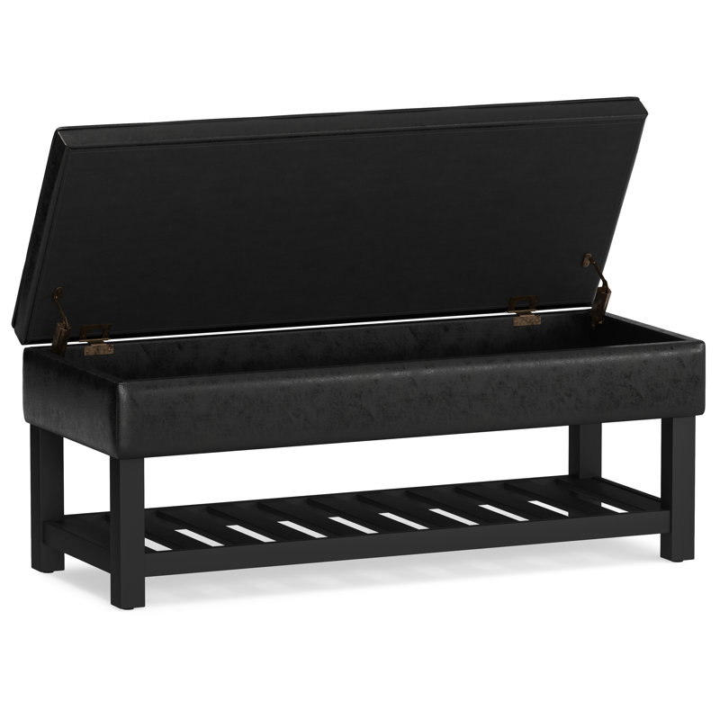 Cosmopolitan 44"W Vegan Leather Transitional Storage Ottoman Bench with Tufted Lift-Top and Open Shelf, Distressed Black