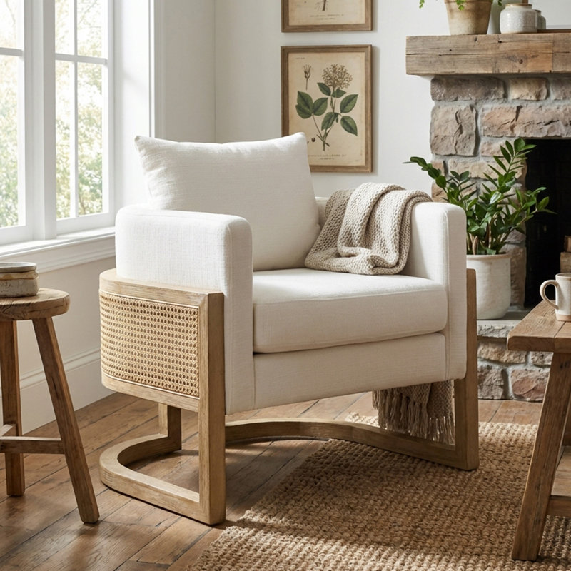 30.9" W Rattan and Wood Wide Armchair Upholstered Barrel Chair, White Linen Cushion/Natural Frame