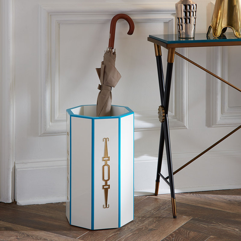 White and Blue Plastic Freestanding Umbrella Stand with Brass Accents