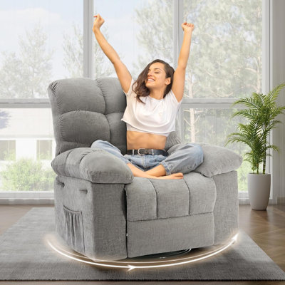 Rocking Recliner Chair, 360° Swivel Rocker Chair, Chenille Upholstered Glider Chair with Side Pockets, Steel Frame Recliner Single Sofa for Living Roo by Latitude Run