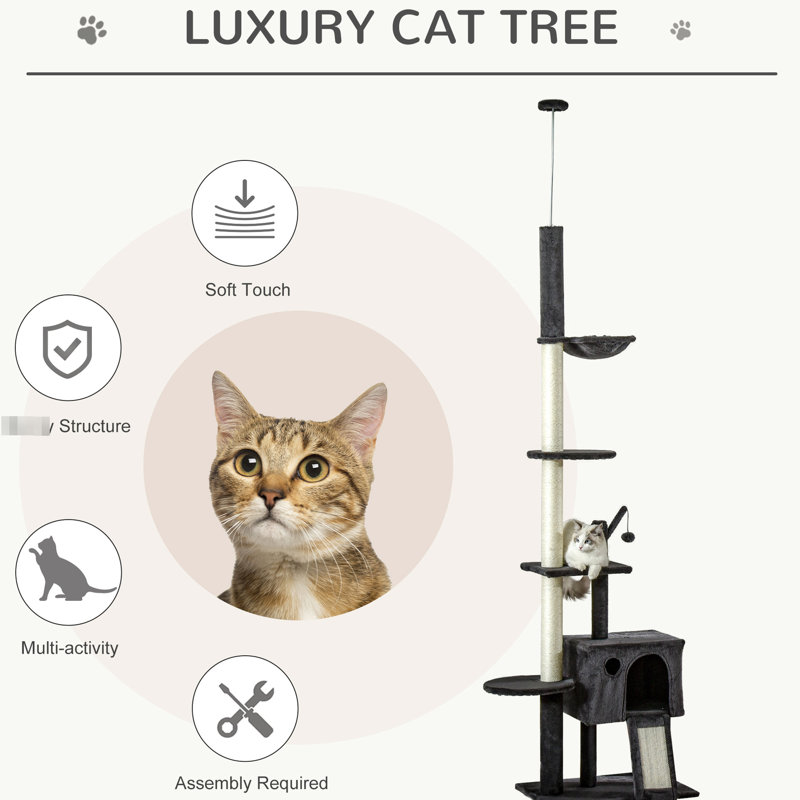 Abri pour chat 106 po: multifonctionnel avec grattoir, planche, pour chats jusqu'à 10 livres, gris foncé