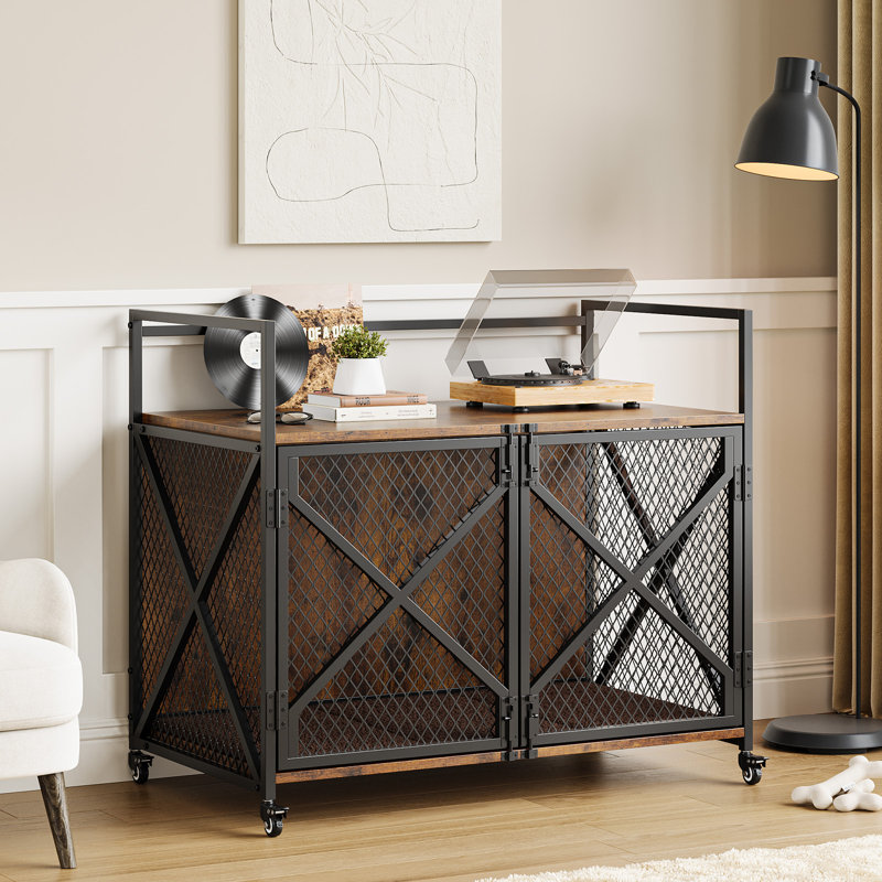 Table d'appoint en bois de style campagnard avec cage pour chien, 41 pouces avec roulettes, pour chiens moyens et grands