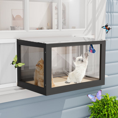 Cat Window Box, Catio Outdoor Cat Enclosure With Bug Proof Wire Mesh Fits Double Hung Frames 26" To 43" Wide, Window Perch With Waterproof Clear Roof For Sunbathing Napping Overlooking