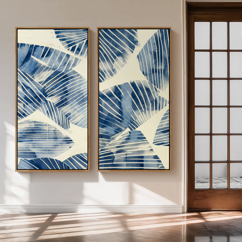 Large Framed Canvas Wall Art Set - Blue Botanical Leaf Modern Indigo Watercolor Beach House Prints 60"x30"x2pcs, Natural