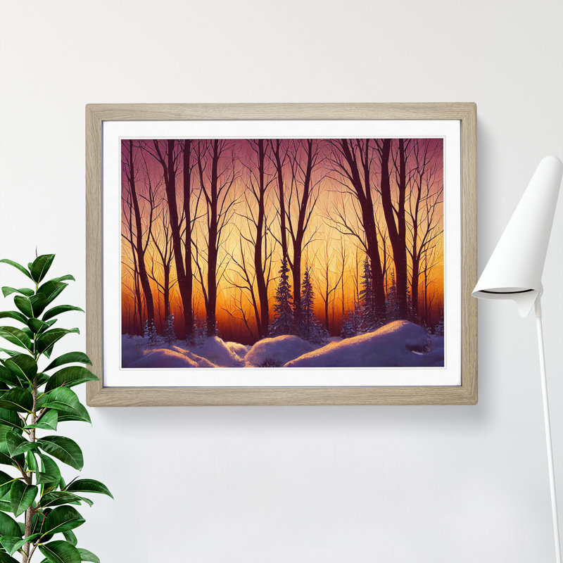 XH1022-10218X Winter Forest Sunset Art - Single Picture Frame Print, 25cm H x 34cm W x 2cm D, Oak Framed