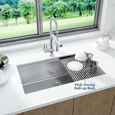 Undermount Kitchen Sink, Stainless Steel Single Bowl with Reveal Rim, 2.0cm Thick Rim 1.0mm Wall, Brushed Bottom Rack and Drain Assembly