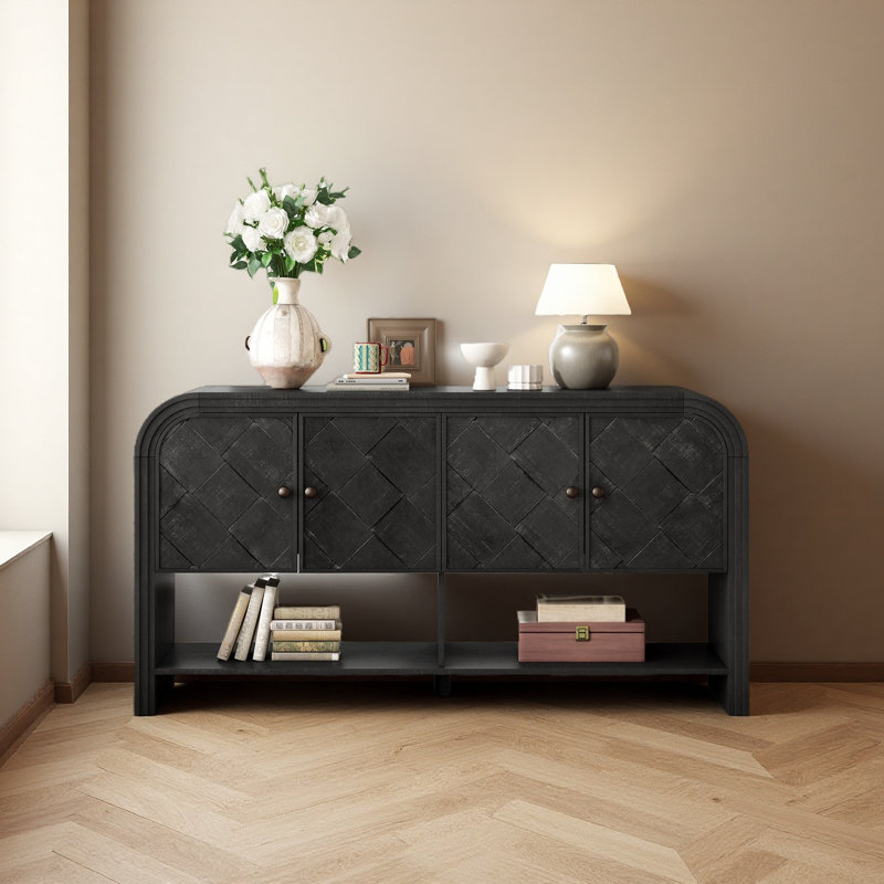Console polyvalente avec lattes en bois tissé et placage en bois massif, Noir