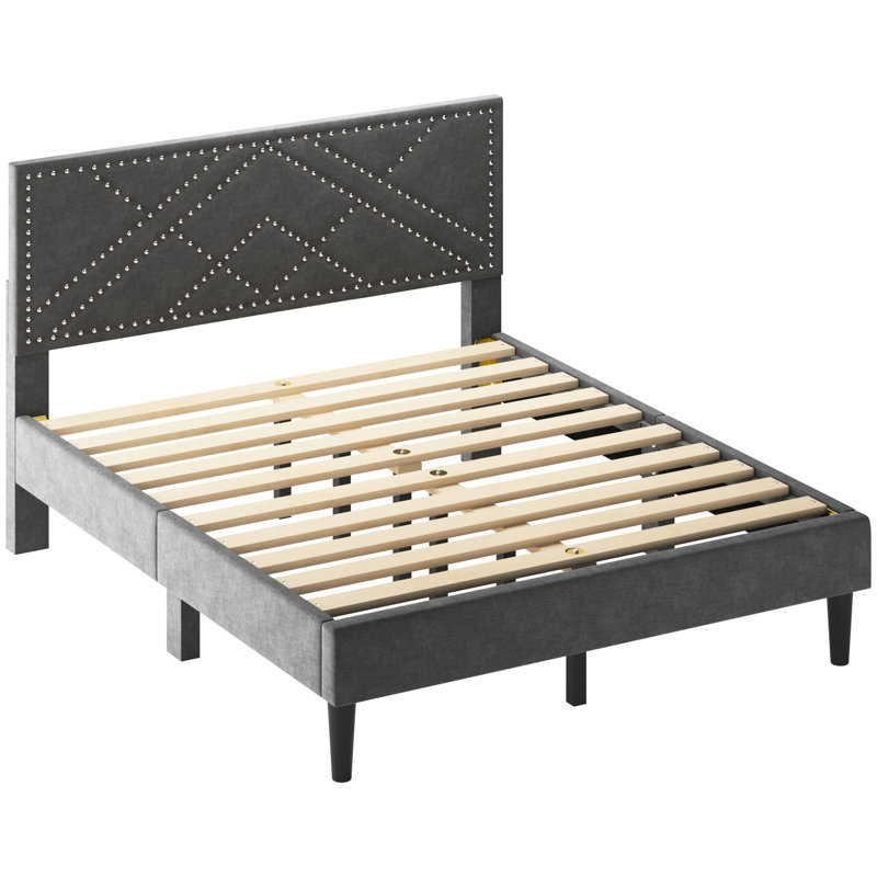 Structure de lit pour grand lit avec rangement pour tête de lit en lin, construction robuste et silencieuse, sous sommier sans sommier, 485 lb, aspect gris carbone révélant une construction silencieuse et stable